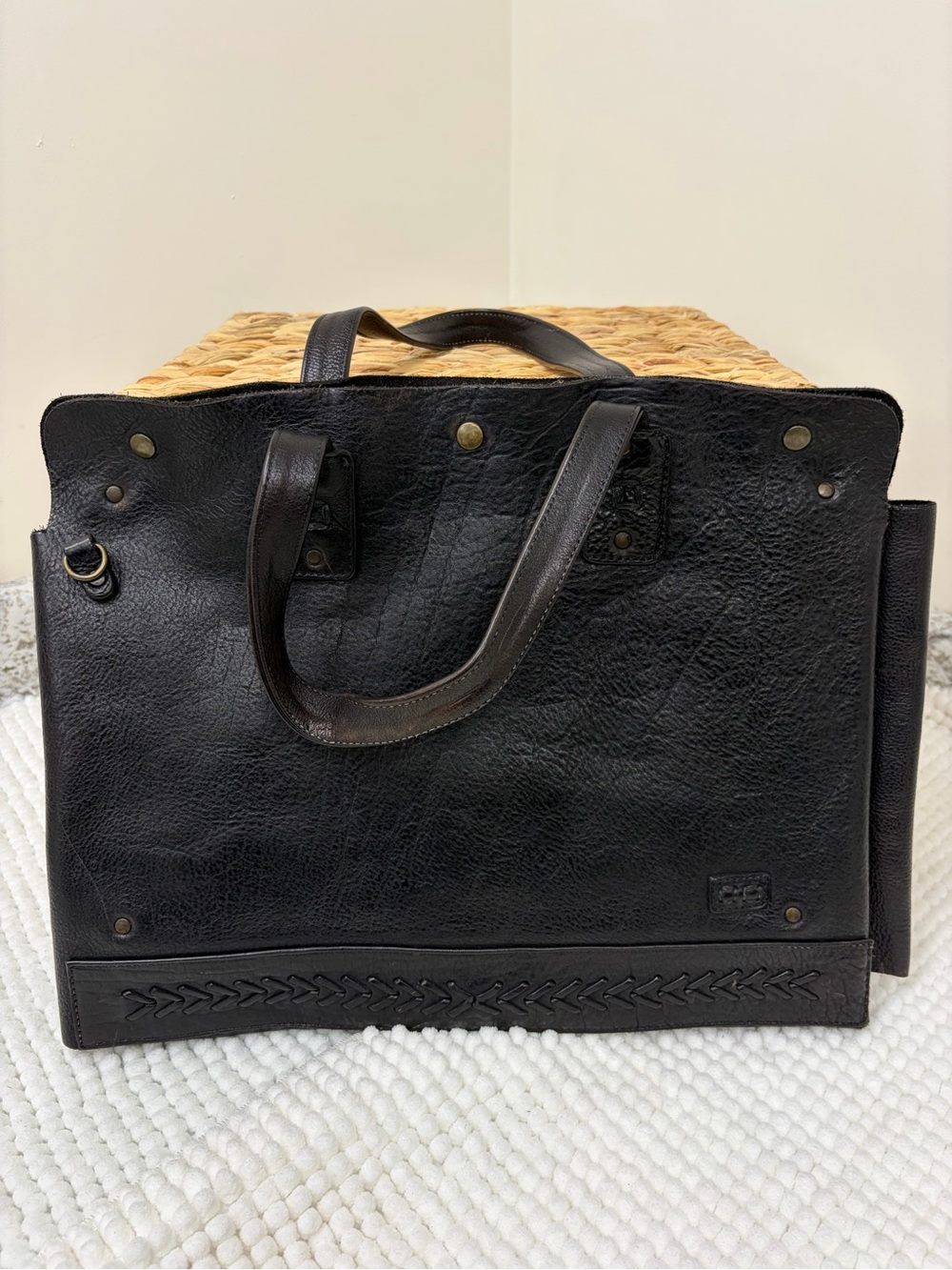 BED|STU Black Leather & Natural Woven Top-Handle Briefcase